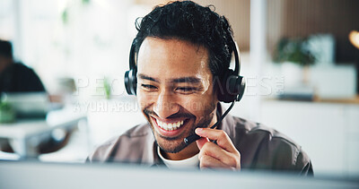 Buy stock photo Call center, happy and businessman with headset in office for crm, customer service or helpdesk. Communication, computer and male consultant with mic for technical support, contact us or advice.