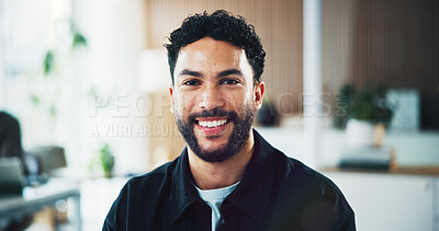 Buy stock photo Business, man and smile with portrait in office for news reporting, creative internship or about us. Journalist, intern and happy at publishing agency for career opportunity, copywriting and growth