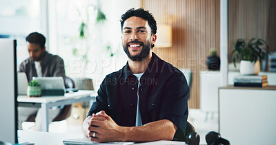 Buy stock photo Business, man or happy at computer in office for news reporting, creative internship or about us. Portrait, journalist intern and PC at media agency for career opportunity, copywriting and coworking