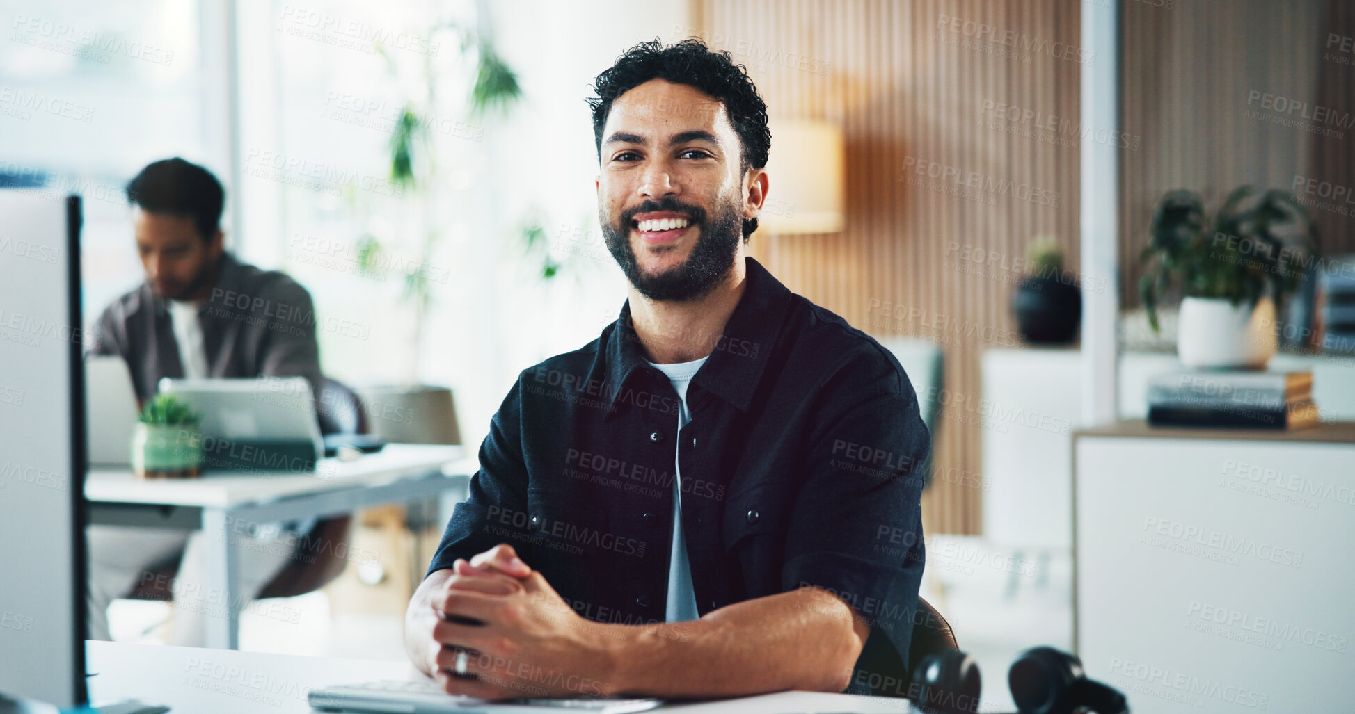 Buy stock photo Business, man or happy at computer in office for news reporting, creative internship or about us. Portrait, journalist intern and PC at media agency for career opportunity, copywriting and coworking