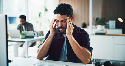 Buy stock photo Stress, headache and businessman in office with burnout, fatigue or frustration for creative project. Mistake, tired and male magazine editor with migraine for error with publishing at startup agency
