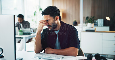 Buy stock photo Stress, headache and businessman in office with frustration, burnout or fatigue for creative project. Mistake, tired and male magazine editor with migraine for error with publishing at startup agency