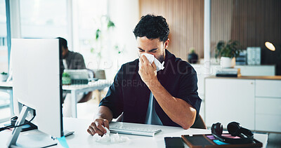 Buy stock photo Tissue, blowing nose and business man at desk with flu symptoms, illness and sinus infection in office. Startup, workplace and sick person with sneeze for health crisis, germs and allergy by computer