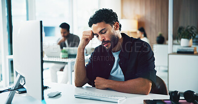 Buy stock photo Computer, migraine and businessman in office with fatigue, burnout or frustration for creative project. Mistake, tech and magazine editor with headache for error with publishing at startup agency