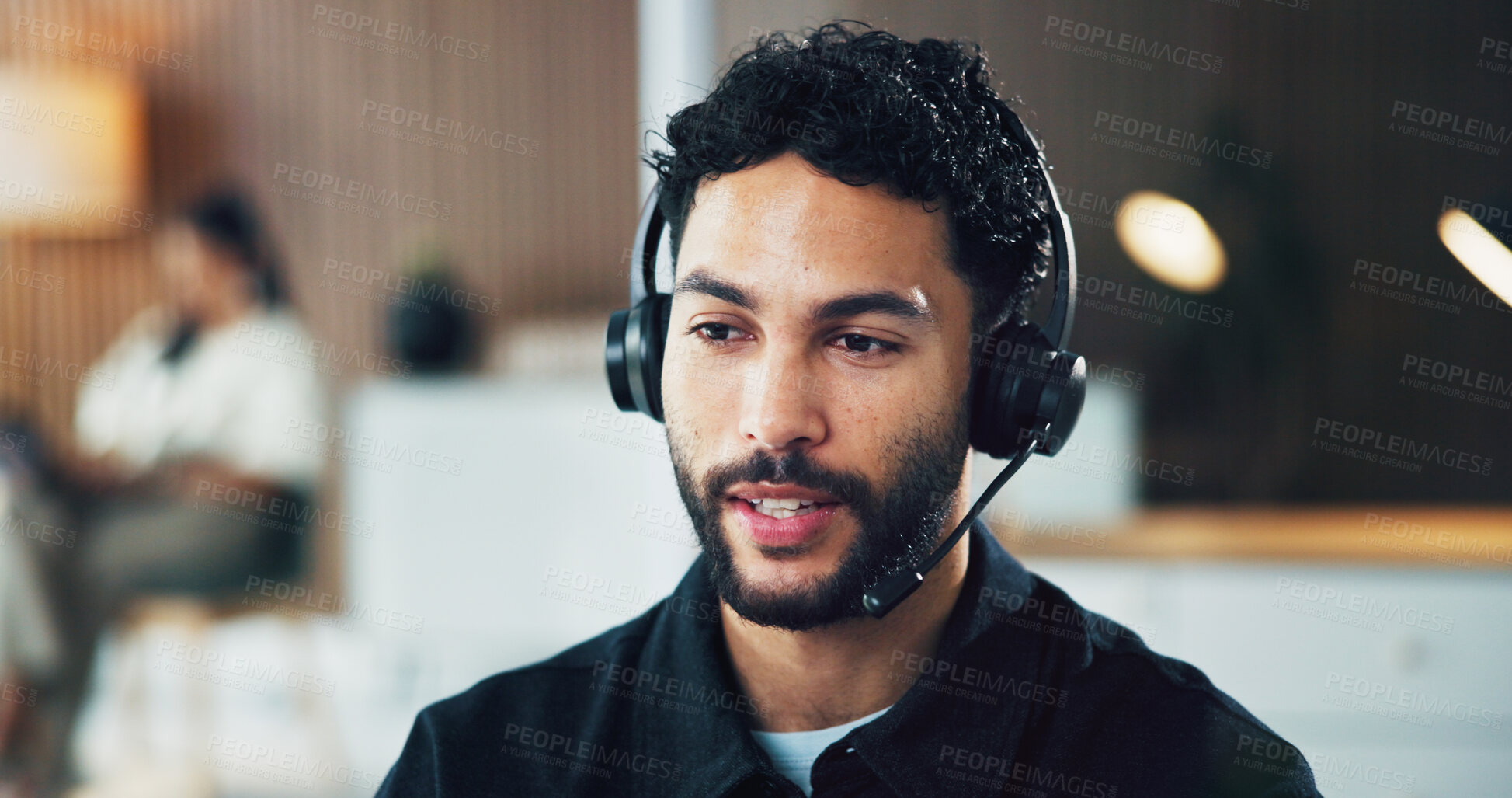 Buy stock photo Call center, contact us and businessman with headset in office for crm, customer service or helpdesk. Communication, computer and male consultant with mic for technical support, talking or advice.