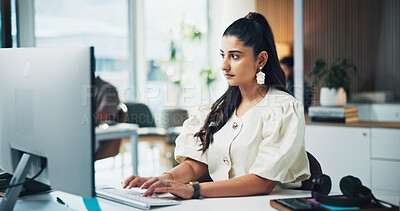 Buy stock photo Creative, typing and woman with computer, office and planning for article publication or journalism. Media, reporter and person with technology for story, online and blog post on website in newsroom