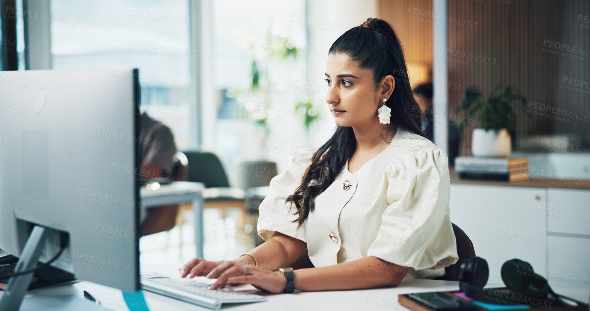 Buy stock photo Creative, typing and woman with computer, office and planning for article publication or journalism. Media, reporter and person with technology for story, online and blog post on website in newsroom