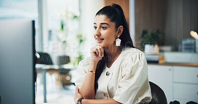 Buy stock photo Reading, online and happy with computer, office and planning for article publication and journalism. Media, reporter and person with technology for story, creative and blog post on web in newsroom