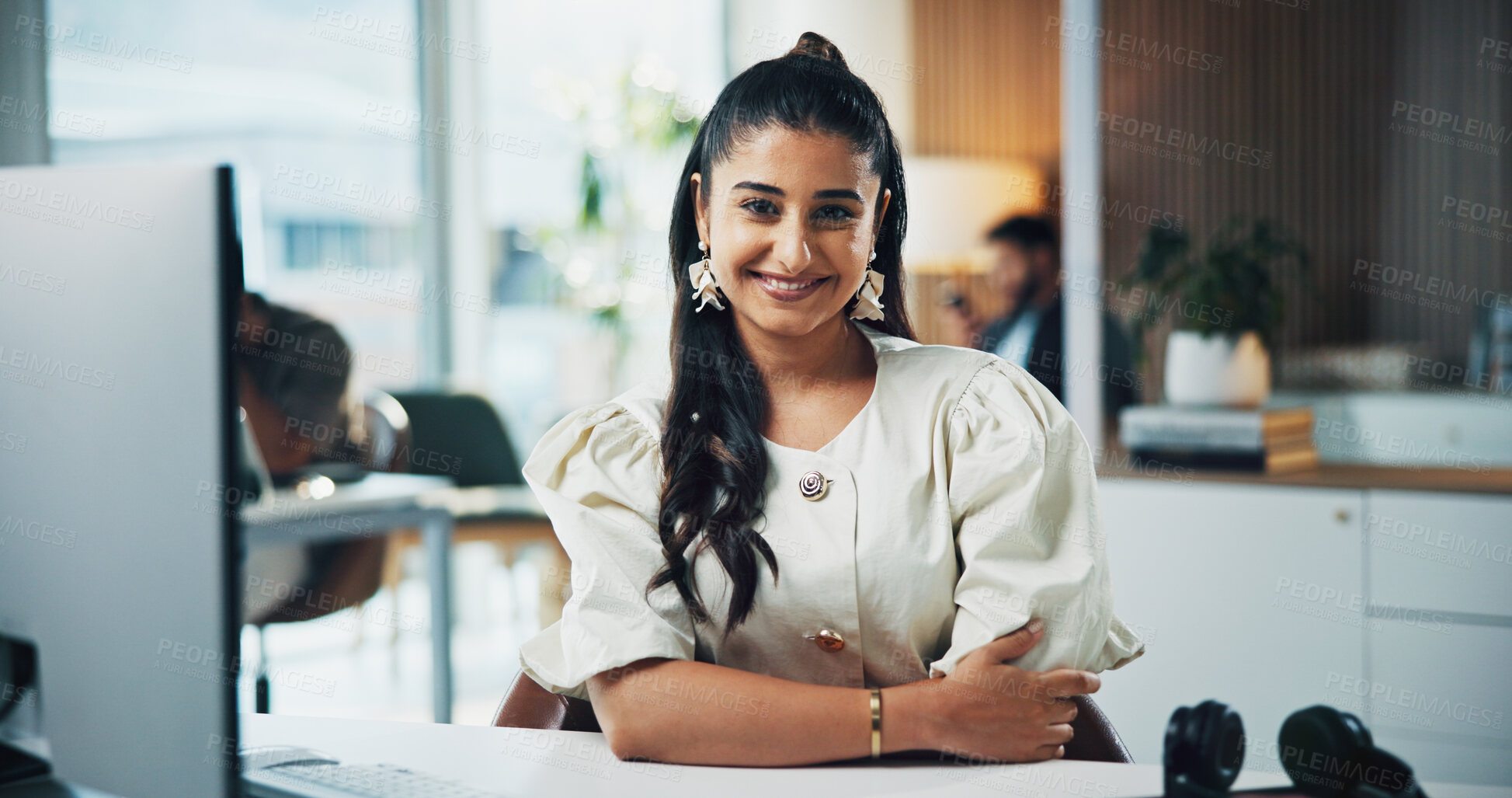 Buy stock photo Business, woman and happy with computer in office for journalism, creative internship or about us. Coworking, journalist intern and PC at publishing agency for news reporting, copywriting or portrait