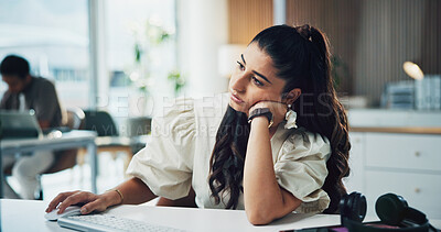 Buy stock photo Bored, employee and woman with mouse, office and reporter with article on web, creative and fatigue. Newsroom, burnout and person with low energy for story submission, online and exhausted on table