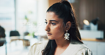 Buy stock photo Serious, business and thinking with woman in office for real estate, reflection and property plan. Vision, realtor or ideas for building design, resale opportunity and listing solution for renovation