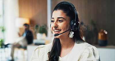 Buy stock photo Call center, talking and businesswoman with headset in office for crm, customer service or helpdesk. Communication, computer and female consultant with mic for technical support, contact us or advice