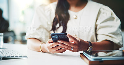 Buy stock photo Business, hands and woman in office, smartphone for communication and message to contact. Person, mobile user and professional in workplace, internet and cellphone for social media and connection