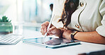 Woman, hands and designer with tablet for business planning or schedule on office desk. Closeup, female person or web design improvement with technology or pen for UI, UX or development in workplace