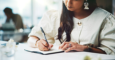 Buy stock photo Writing, business and woman in office, notebook for agenda and planning for creative project. Journalist, deadline or person in workplace, blog research or ideas for news report and publication draft