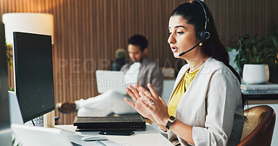 Buy stock photo Call center, computer and woman in office, typing for customer service or headset for communication. Person, consultation or employee in workplace, pc or discussion for online assistance or help desk