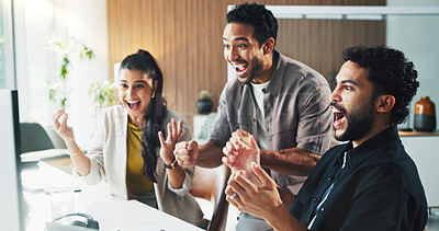 Buy stock photo Man, team and celebration with computer at startup, notification or excited for deal at media company. People, group and support with pc, happy and announcement with fist pump at creative agency