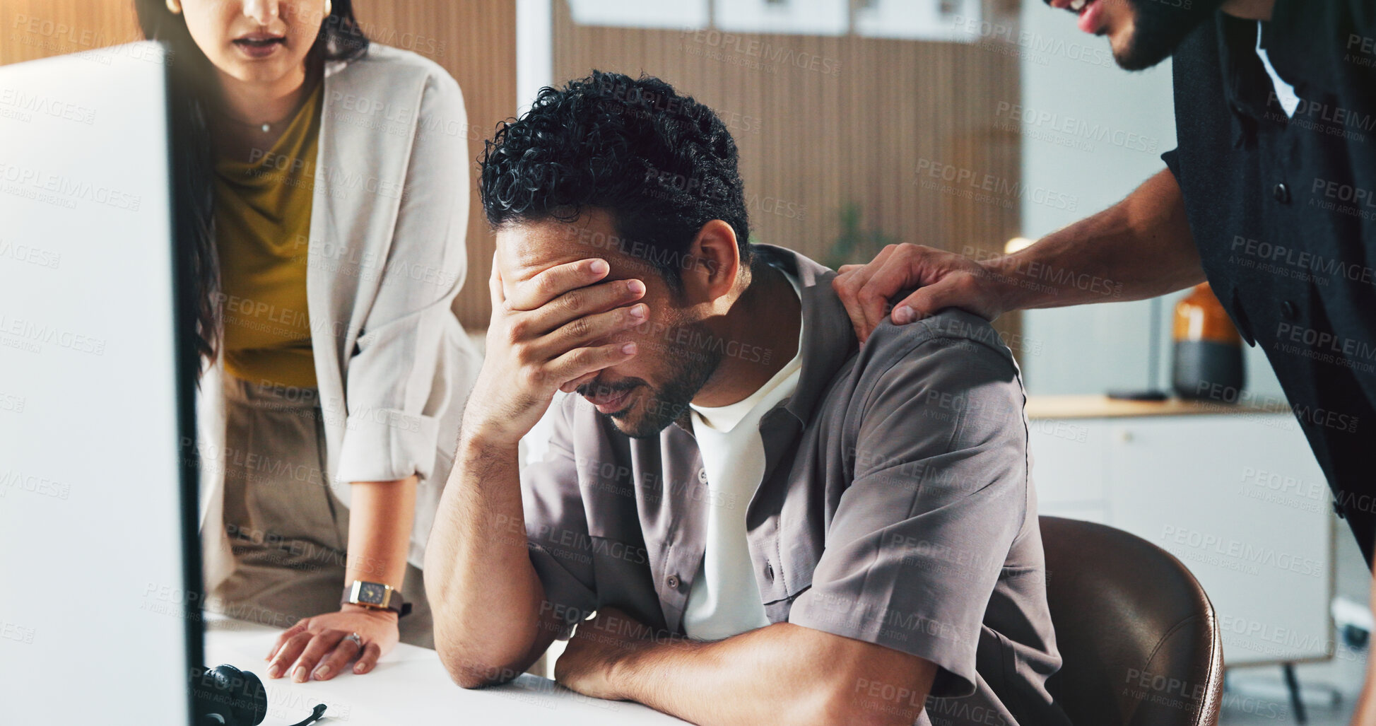 Buy stock photo Frustrated, businessman and team with support for mistake, project deadline or failure in office. Man, employee or stress with headache, group or colleagues for comfort, empathy or help in workplace
