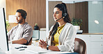 Call center, contact and businesswoman with headset in office for crm, customer service or helpdesk. Communication, computer and female consultant with mic for technical support, talking or advice.