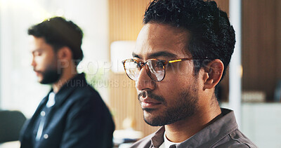 Buy stock photo Corporate, man and reading on computer in office for real estate, property research and listing. Realtor, coworking or pc with glasses reflection, viewing agenda and information on resale opportunity