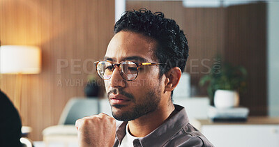 Buy stock photo Thinking, man and reading on computer in office for real estate, property research and listing. Realtor, coworking and pc with glasses reflection, viewing agenda and information on resale opportunity