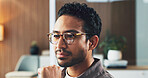 Thinking, man and reading with laptop in office for real estate, property research and listing. Thoughts, realtor and pc with glasses reflection, viewing agenda and information on resale opportunity