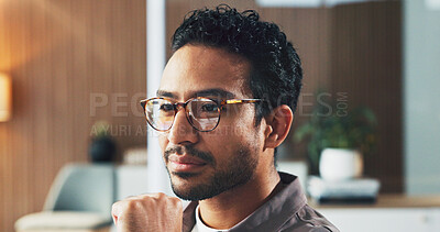 Buy stock photo Thinking, man and reading with computer in office for real estate, property research and listing. Thoughts, realtor and glasses reflection of pc, viewing agenda and information for resale opportunity