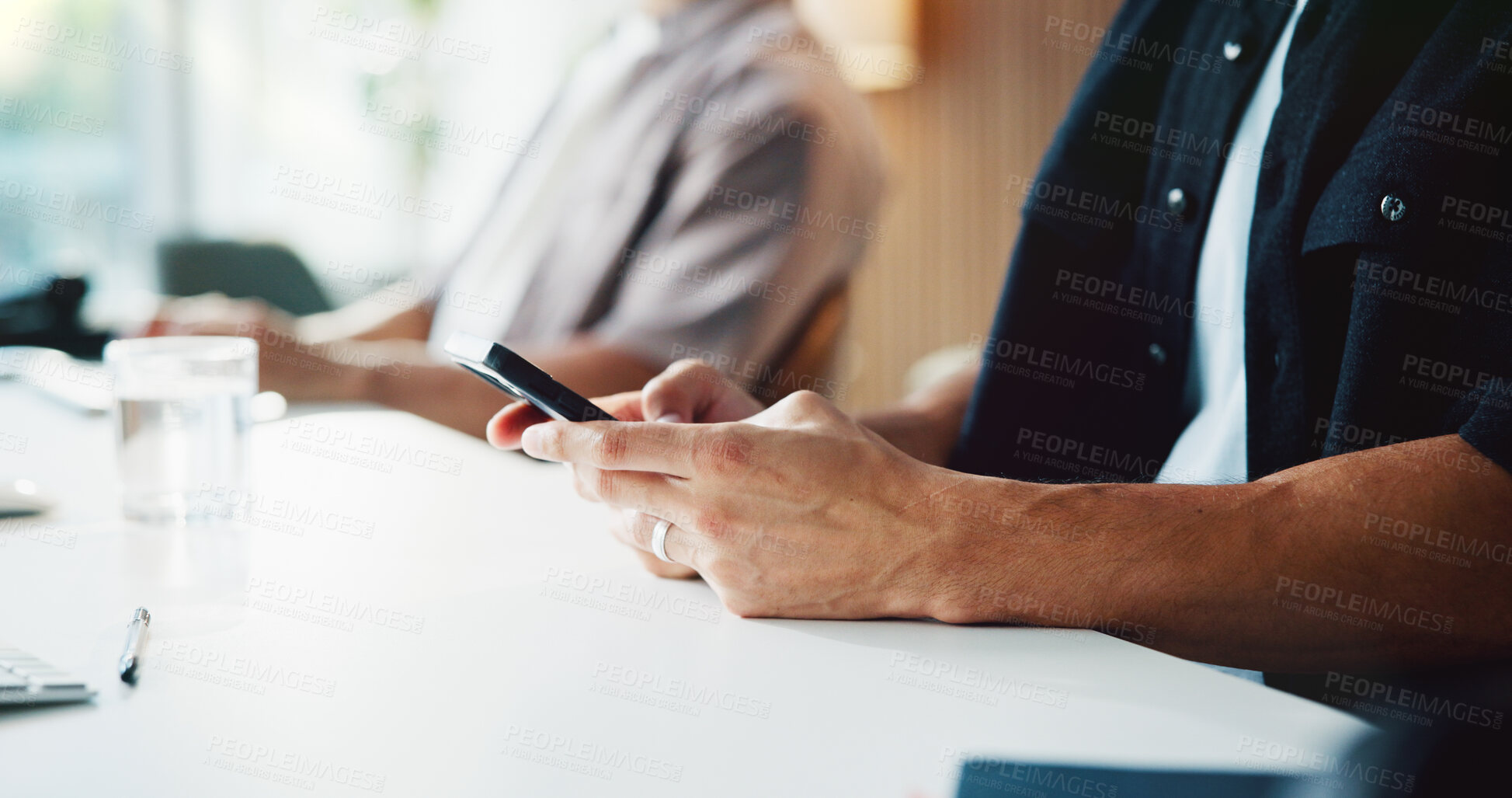 Buy stock photo Person, hands and typing with phone for communication, social media or schedule on office desk. Businessman, texting and reading with mobile smartphone for connectivity, network or email in workplace