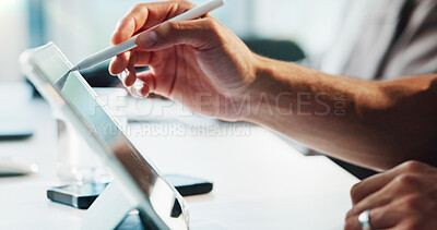 Buy stock photo Person, hands or writing with tablet in office for web design, drawing or sketching on desk. Closeup, creative or designer with pen or technology for project development or logo branding in workplace