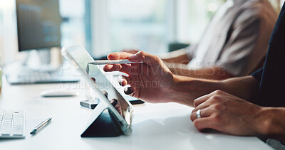 Buy stock photo Finance, tablet and hands of business person with pen for stock market, research and online trading. Office, coworking and worker on tech with stylus for financial review, investment and planning