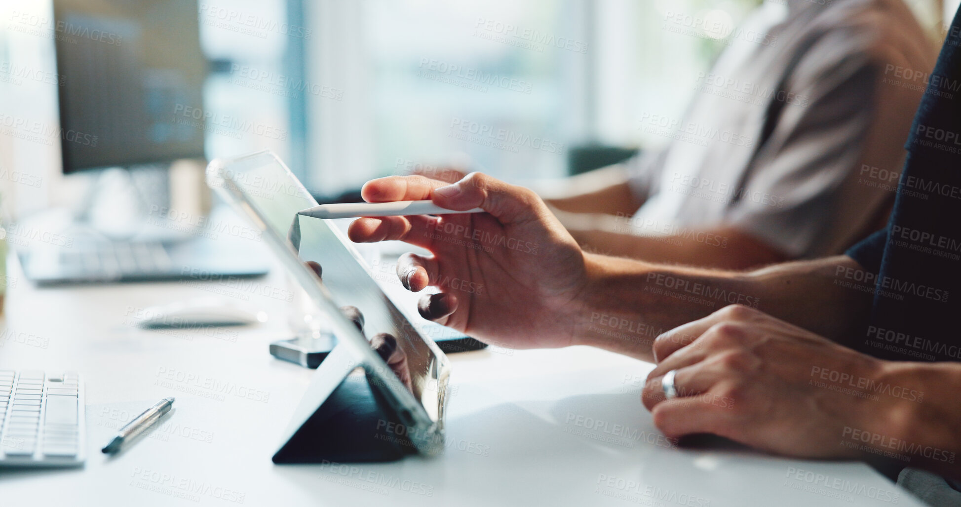 Buy stock photo Finance, tablet and hands of business person with pen for stock market, research and online trading. Office, coworking and worker on tech with stylus for financial review, investment and planning