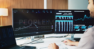 Buy stock photo Statistics, computer screen and business man with finance graph for stock market, growth or trading. Office, fintech and person on pc with chart for financial research, investment and risk assessment