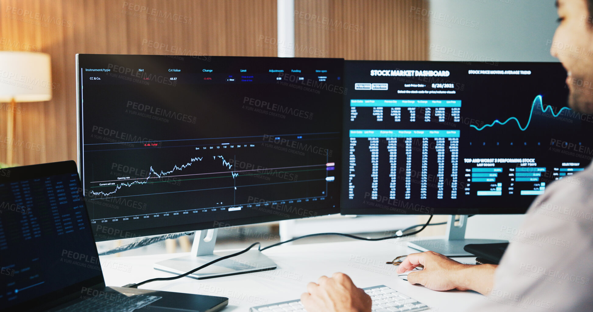 Buy stock photo Statistics, computer screen and business man with finance graph for stock market, growth or trading. Office, fintech and person on pc with chart for financial research, investment and risk assessment