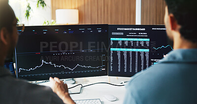 Buy stock photo Statistics, computer screen and business people with finance graph for stock market, growth and trading. Team, fintech and workers on pc with chart for financial research, investment and planning