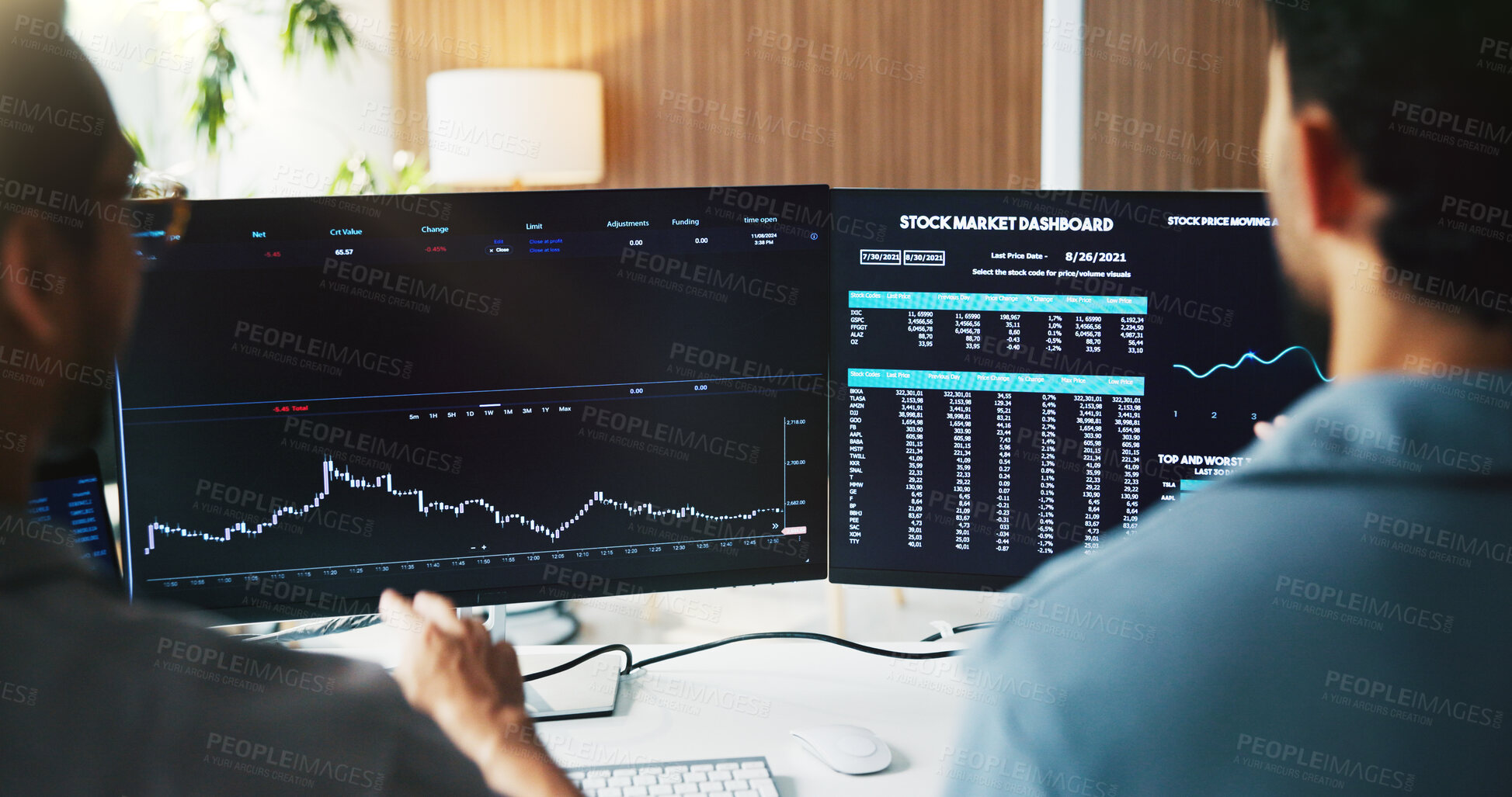 Buy stock photo Statistics, computer screen and business people with finance graph for stock market, growth and trading. Team, fintech and workers on pc with chart for financial research, investment and planning