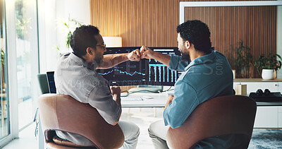 Buy stock photo Back, investment and men with computer screen, fist bump for achievement or profit increase. Employees, people or professional in office, pc or gesture for stock market exchange or charts for trading