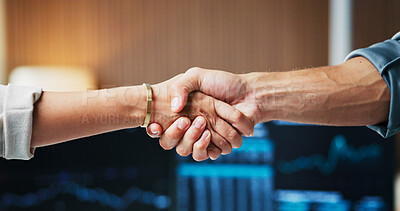 Buy stock photo Handshake, partnership and business people in office with coding project, agreement or deal. Meeting, welcome and programmer shaking hands with client for web development contract in workplace.