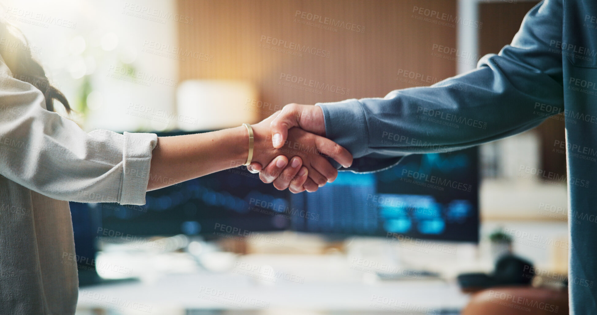 Buy stock photo Handshake, contract and business people in office with coding project, agreement or partnership. Meeting, welcome and programmer shaking hands with client for web development deal in workplace.