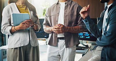 Buy stock photo Hands, investment and people in office, meeting for stock market exchange and conversation. Economy professional, men or woman in workplace, collaboration or discussion for trading or profit increase