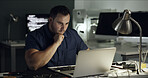 Repair, man and thinking with laptop in office at night for diagnostic solution, hardware testing and IT. Deadline, technician and tech at desk for troubleshooting, trace signal and problem solving