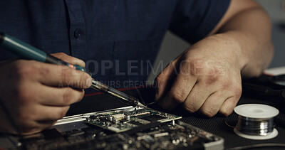 Buy stock photo Soldering, fix or hands in workshop with motherboard, inspection or wiring assemble in hardware check. Electronics, person or engineer with tech, circuit board testing or maintenance in system repair