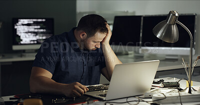 Buy stock photo Stress, man and programming with laptop at office for coding error, data loss and software crash. Frustrated, male person and troubleshooting pc with broken tech, system overload and technical issues