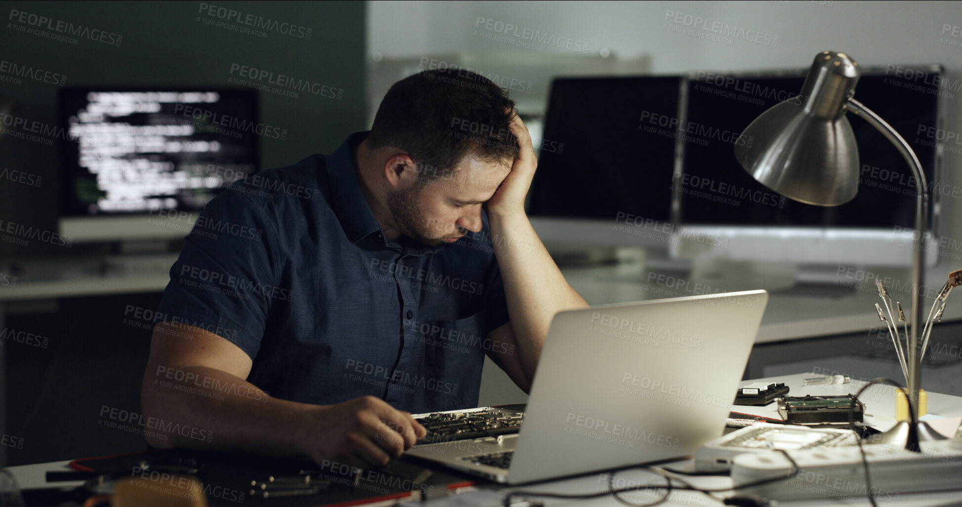 Buy stock photo Stress, man and programming with laptop at office for coding error, data loss and software crash. Frustrated, male person and troubleshooting pc with broken tech, system overload and technical issues
