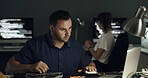 Night, laptop and man with hardware for IT maintenance, repair and diagnostics for software. Technology, technician and team of workers with tools for troubleshooting, system test or programming