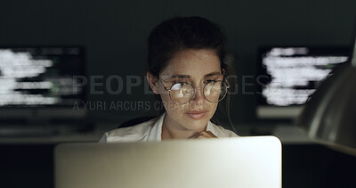 Buy stock photo Glasses, reading and business woman with laptop for programming, software or web design solution. Programmer, reflection and technology for IT problem solving, maintenance results or coding at night