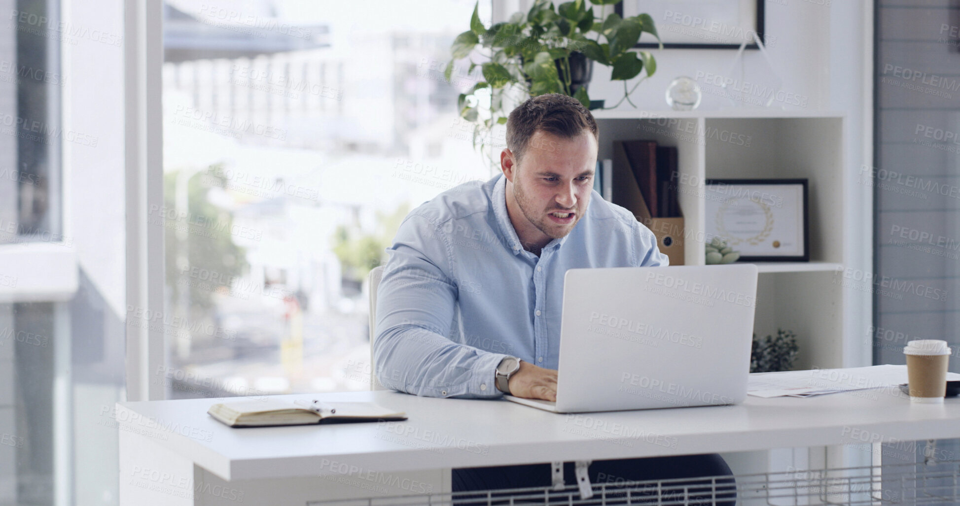 Buy stock photo Man, stress and problem in office with laptop, audit update or financial crisis email for bankruptcy. Frustrated, person and challenge in workplace with computer, issue or finance loss for debt risk.