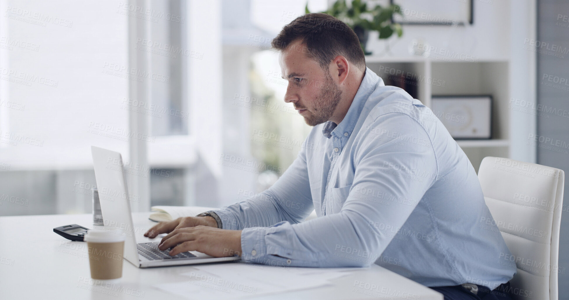 Buy stock photo Finance, businessman and typing in office with laptop, audit report or proposal for company budget. Accountant, person and send email in workplace with computer, financial planning or risk management
