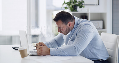 Buy stock photo Business, man and frustrated with laptop in office for market crash, financial loss and stocks plummet. Rage, trader and angry with tech at desk for trading mistake, bad investment and exchange risk