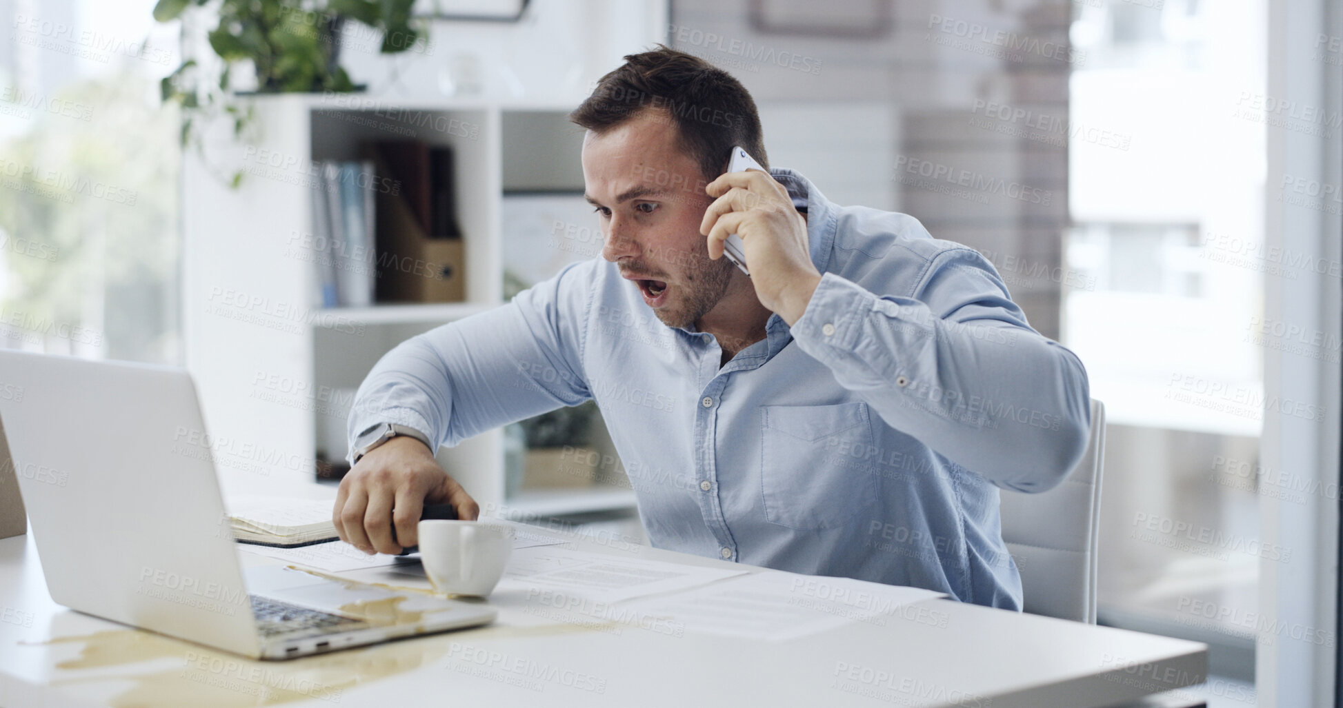 Buy stock photo Shock, man or coffee spill on laptop in office, phone call  distraction or multitasking fail for accident. Surprise, workplace chaos or employee with beverage for tech damage, stress or mistake
