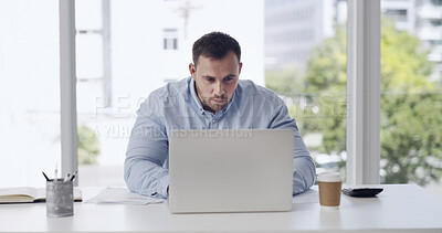 Buy stock photo Laptop, typing and businessman in office with research for creative project for startup. Technology, reading and male magazine editor with computer for online article with publishing at agency.